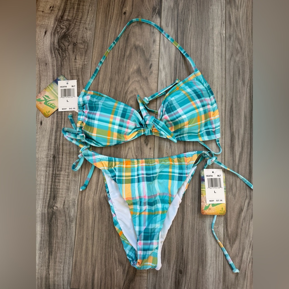 NWT Hobie Halter Plaid Bikini Set with Bow Detail in Blue and Yellow Size Large